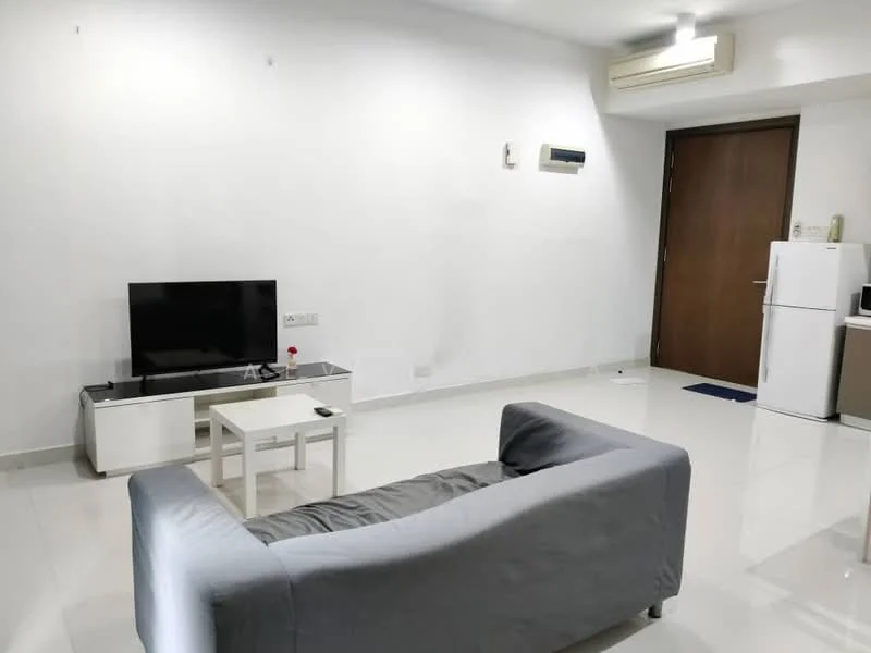 Living features: grey fabric sofa, white coffee table, wall-mounted TV, TV console, white painted walls, polished tile flooring, 1 wall-mounted split AC, recessed ceiling lights, doorway to kitchen, decorative plant on table; style: modern.