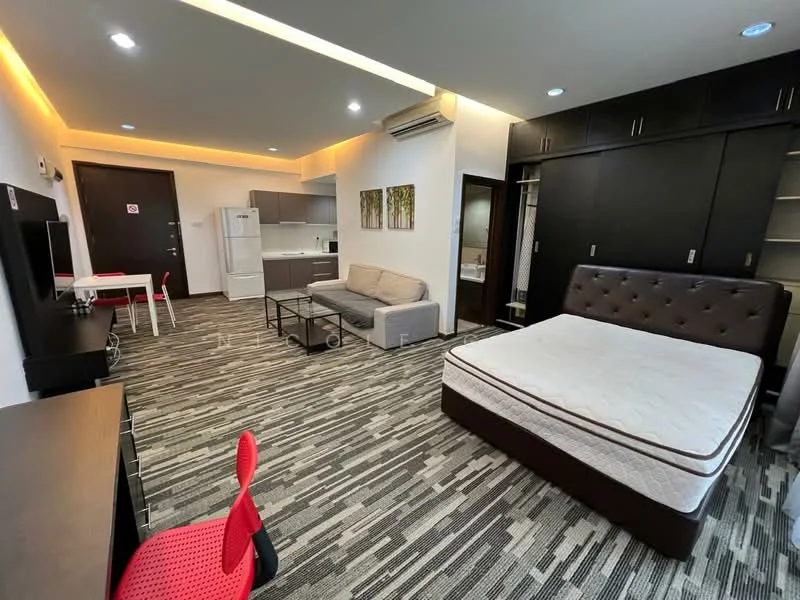 Room features: queen-size bed with upholstered headboard, sofa in light grey fabric, coffee table, TV console, wall-mounted TV, study desk with chair in red, white refrigerator, built-in wardrobe, kitchenette with cabinets, recessed ceiling lights, air conditioning unit, laminate flooring with geometric pattern, decorative artwork on walls; style: modern.