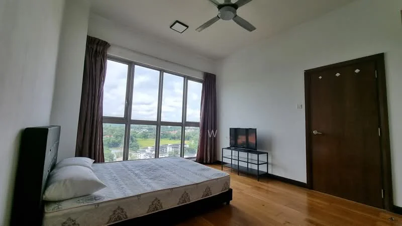 Bedroom features: queen-size bed, upholstered headboard, 2 bedside pillows, floor-to-ceiling windows, curtains, wooden flooring, ceiling fan, wall-mounted TV, TV console, decorative wall, door, view of greenery; style: modern; view: garden.