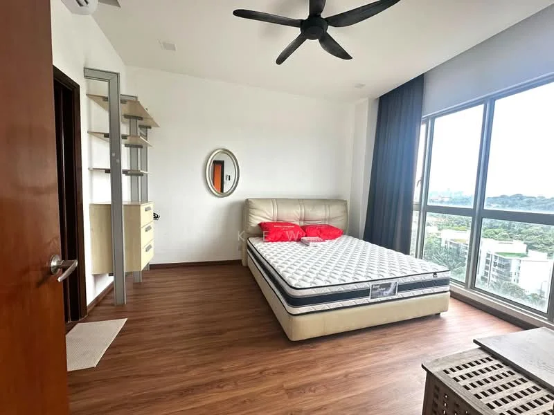 Bedroom features: king-size bed with mattress, upholstered headboard, wooden flooring, floor-to-ceiling windows, curtains, ceiling fan, built-in shelving unit, nightstand, decorative mirror, view of city skyline; style: modern; view: city.