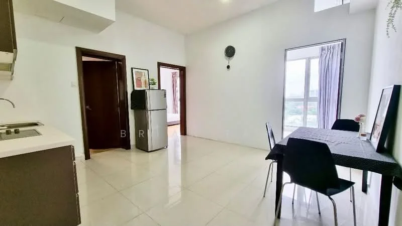 Room features: white painted walls, glossy tile flooring, large window with sheer curtains, black dining table, 4 black dining chairs, stainless-steel fridge, kitchen countertop with sink, wall-mounted clock, doorway leading to another room; style: modern; view: city.