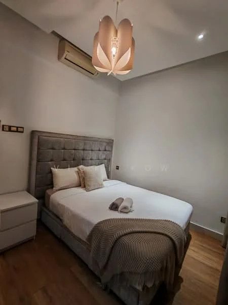 Bedroom features: queen-size bed, upholstered headboard in grey, white bedding, decorative pillows, bedside table, lampshade pendant light, wall-mounted air conditioning unit, wooden flooring, light grey painted walls, decorative throw blanket; style: modern.