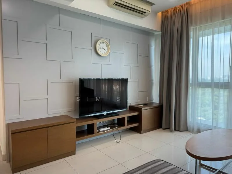 Living features: light grey accent wall with geometric pattern, white walls, white ceiling, large floor-to-ceiling window with sheer curtains, wooden TV console, flat-screen TV, round wooden coffee table, cream-colored area rug, air conditioning unit, clock on the wall; style: modern; view: garden.