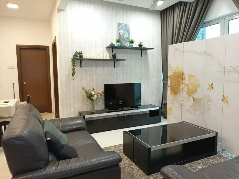 Living features: grey leather sofa, black coffee table, black TV console, wall-mounted TV, decorative wall shelves, decorative plants on shelves, area rug with geometric pattern, curtains, light-colored wallpaper with vertical stripes, partition screen with floral design; style: modern.