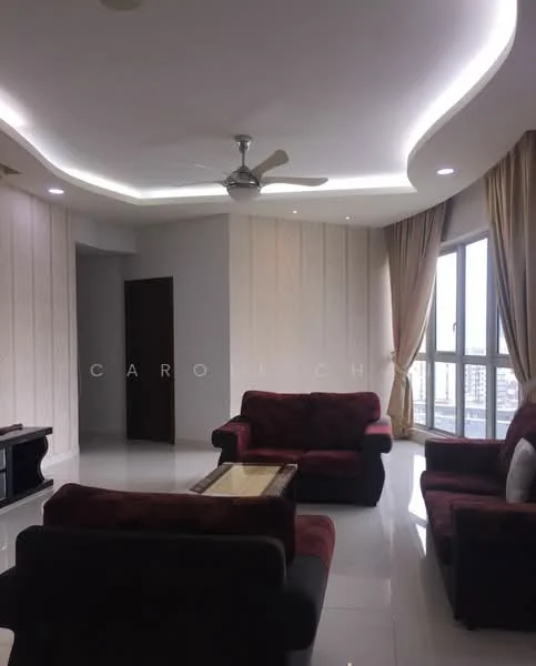 Living features: 5-blade ceiling fan with light, recessed downlights, sofa in burgundy fabric, 2-seater sofa, 3-seater sofa, coffee table with glass top, white painted walls, glossy tile flooring, floor-to-ceiling windows with sheer curtains, decorative wall paneling, curtains in beige, open layout; style: modern; view: city.