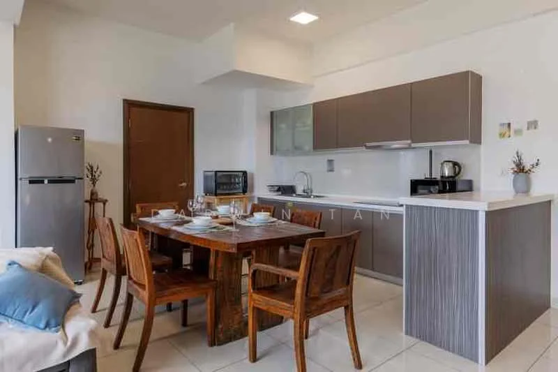 Kitchen features: grey cabinetry, white countertop, stainless-steel fridge, built-in microwave, black countertop appliances, 4-burner gas hob, single-bowl stainless-steel sink, chrome pull-down faucet, dining table with wooden finish, 4 wooden dining chairs, ceramic tile flooring, recessed downlights, wall-mounted cabinets, open shelving; style: modern.