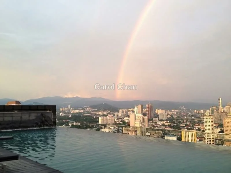 Exterior type: high-rise condominium; features: infinity pool, city skyline view, surrounded by mountains, wooden deck, rainbow in the sky; style: modern.