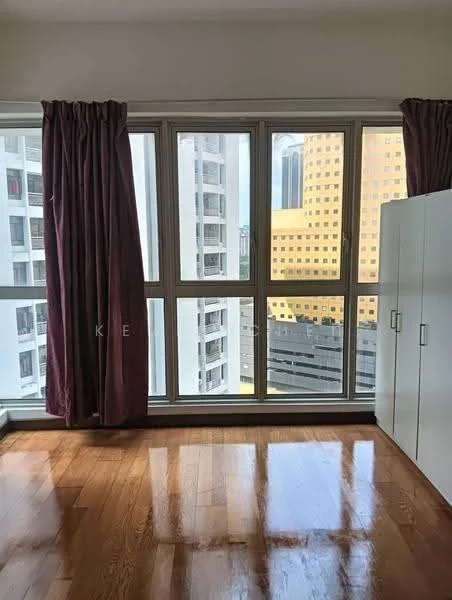 Room features: wooden flooring, floor-to-ceiling windows, curtains in burgundy, white wardrobe, city view; view: city.