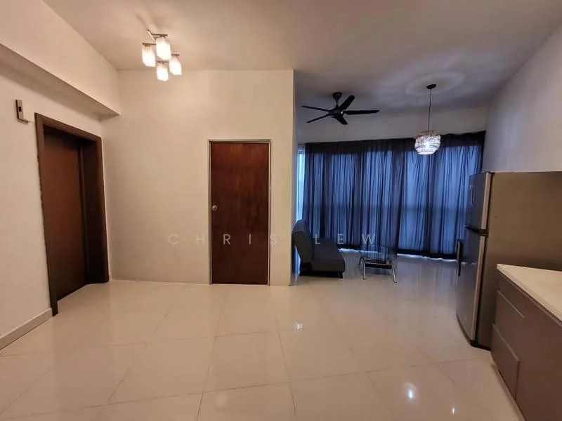 Living features: white painted walls, glossy tile flooring, 5-blade ceiling fan, recessed downlights, large windows with sheer curtains, sofa, coffee table, refrigerator, dining table, decorative light fixture; style: modern. Room features: white painted walls, glossy tile flooring, door to hallway, door to bedroom.