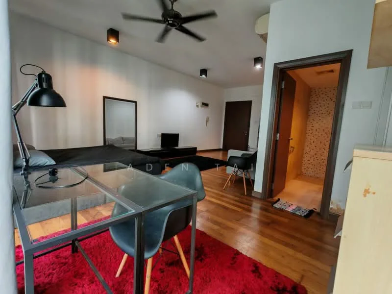 Living features: wooden flooring, 5-blade ceiling fan with light, wall-mounted TV, black sofa, glass coffee table, black dining chairs, red area rug, white painted walls, recessed lighting; style: modern. Room features: doorway leading to bathroom, wall with decorative tiles.