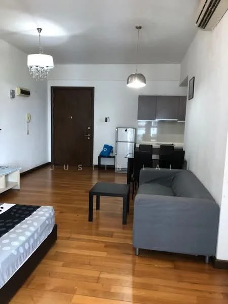 Living features: wooden flooring, white painted walls, chandelier, 5-blade ceiling fan, sofa in grey, coffee table, TV console, wall-mounted TV, dining table with 4 chairs, refrigerator, kitchen cabinetry, countertop, open layout; style: modern.