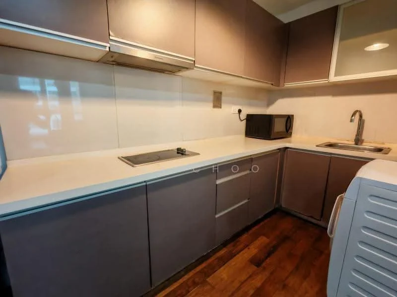 Kitchen features: laminate cabinetry in grey, white countertop, single-bowl stainless-steel sink, chrome pull-down faucet, built-in stove, microwave, wooden flooring, wall-mounted range hood; style: modern.