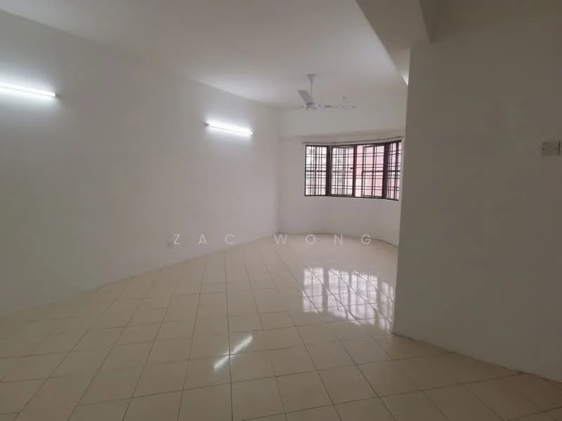 Room features: white painted walls, glossy beige tile flooring, ceiling fan, two fluorescent light fixtures, large windows with grid pattern, natural light from windows, open layout; style: modern.