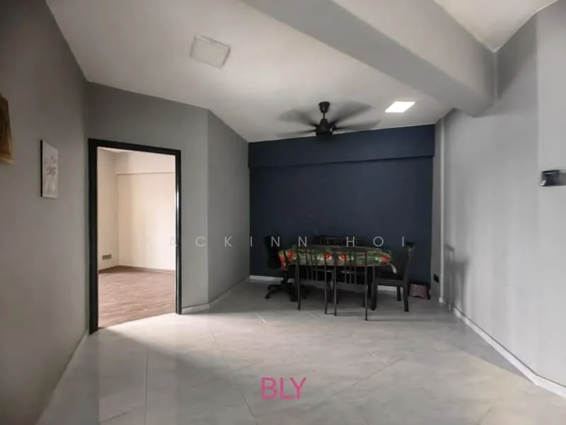 Dining features: grey painted walls, blue accent wall, sliding glass door, 5-blade ceiling fan, tile flooring, dining table with chairs, decorative artwork on wall, natural light from window; style: modern. Room features: grey painted walls, wood flooring, open layout.