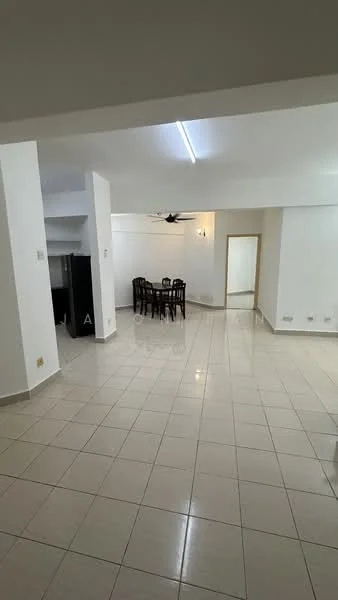 Living features: glossy ceramic tile flooring, white painted walls, ceiling fan, dining table with four chairs, refrigerator, open layout, natural light from windows, neutral color scheme; style: modern.