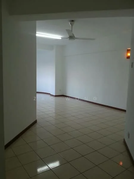 Room features: white painted walls, cream tiled flooring, ceiling fan, recessed lighting, corner wall sconce, neutral color scheme, open layout, no visible furniture; style: modern.