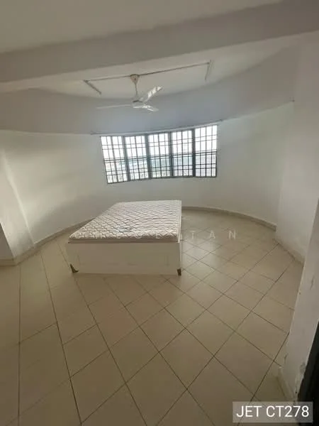 Bedroom features: white painted walls, cream tiled flooring, ceiling fan, large windows, curved wall, empty bed frame, natural light, no visible decor.