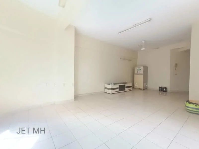 Room features: white painted walls, tile flooring, ceiling fan, built-in cabinet, TV console, refrigerator, telephone wall-mounted, open space layout; style: minimalist.