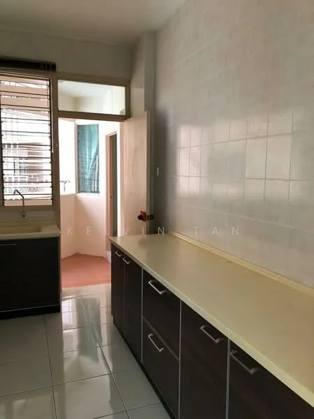 Kitchen features: white tiled walls, cream countertop, dark wood cabinetry, single-bowl stainless-steel sink, chrome faucet, ceramic tile flooring, window with metal grille, door leading to balcony, open layout, natural light from window, built-in cabinets; style: modern.