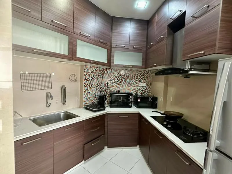 Kitchen features: brown wooden cabinetry, white quartz countertop, single-bowl stainless-steel sink, chrome pull-down faucet, built-in gas hob, built-in range hood, stainless-steel fridge, mosaic tile backsplash, ceramic tile flooring, under-cabinet lighting, wall-mounted storage rack; style: modern.