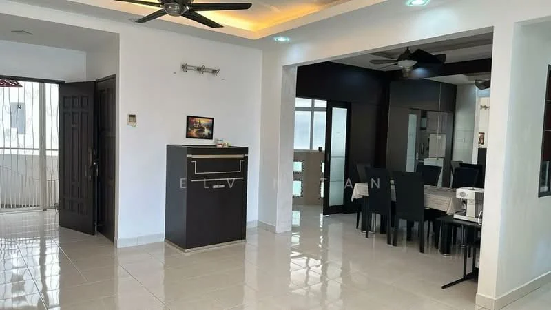 Living features: white painted walls, glossy tile flooring, tray ceiling with recessed lighting, 5-blade ceiling fan, black dining table with chairs, dark wood cabinetry, sewing machine on table, open layout, large windows for natural light, door leading to balcony; style: modern.