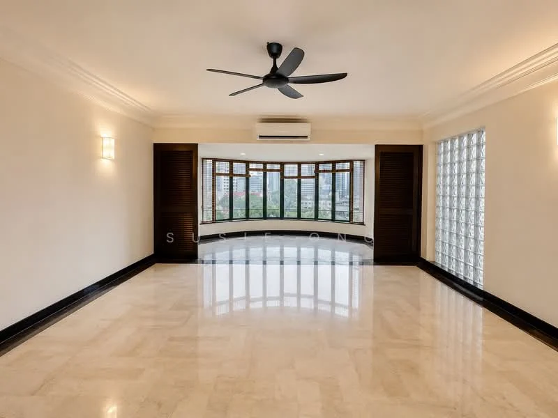 Living features: marble flooring, white painted walls, tray ceiling, 5-blade ceiling fan, floor-to-ceiling windows, glass block wall, air conditioning unit, window treatments with wooden slats, recessed lighting; style: modern; view: city.