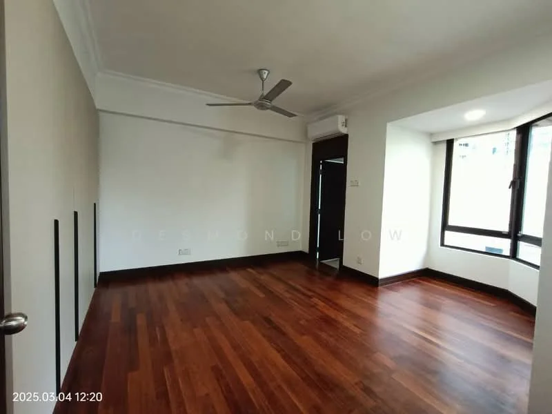Room features: wooden flooring, white painted walls, 5-blade ceiling fan, floor-to-ceiling windows, corner windows, air conditioning unit, doorway leading to another room, baseboards; style: modern; view: city.