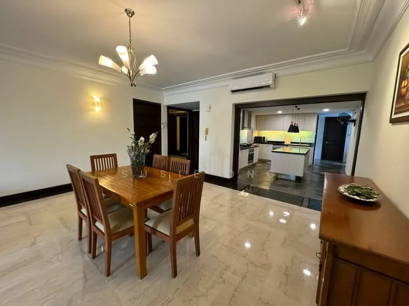 Dining features: 6-seater dining table, wooden dining chairs, chandelier light fixture, marble tile flooring, white painted walls, crown moulding, wall-mounted air conditioning unit, decorative wall art, sideboard cabinet; style: modern. Kitchen features: open-plan layout, kitchen island, stainless-steel appliances, dark cabinetry, black countertop, tile backsplash; style: modern.