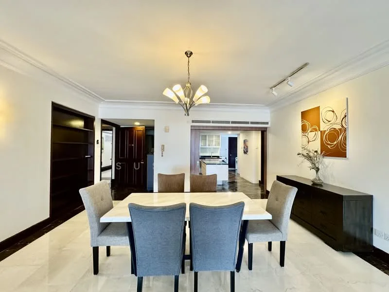 Dining features: 6-seater dining table with marble top, upholstered dining chairs in grey, chandelier with multiple bulbs, white painted walls, crown moulding, marble flooring, decorative wall art, sideboard cabinet in dark wood; style: modern. Room features: white painted walls, marble flooring, doorway leading to kitchen, doorway leading to hallway.