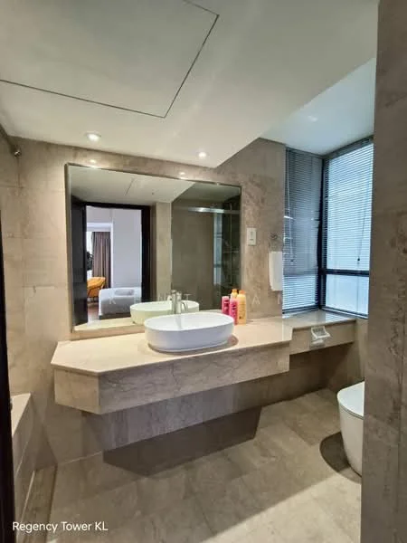 Bathroom features: single-sink vanity with stone countertop, round vessel sink, chrome basin mixer faucet, framed mirror, wall-mounted toilet, tile cladding on walls, stone flooring, recessed downlights, window with blinds; style: modern.