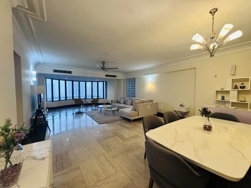 Living features: marble tile flooring, white painted walls, tray ceiling with chandelier, 5-blade ceiling fan, floor-to-ceiling windows, grey fabric sectional sofa, coffee table, area rug, wall-mounted TV, decorative shelving unit, dining table with upholstered chairs; style: modern; view: city.