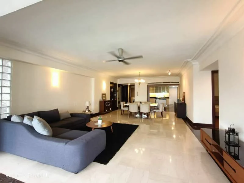 Living features: L-shape sectional sofa in grey, coffee table, area rug, 5-blade ceiling fan with light, marble flooring, wall-mounted TV, dining area with dining table and chairs, recessed downlights, decorative wall panel, open layout to kitchen, large windows for natural light; style: modern.