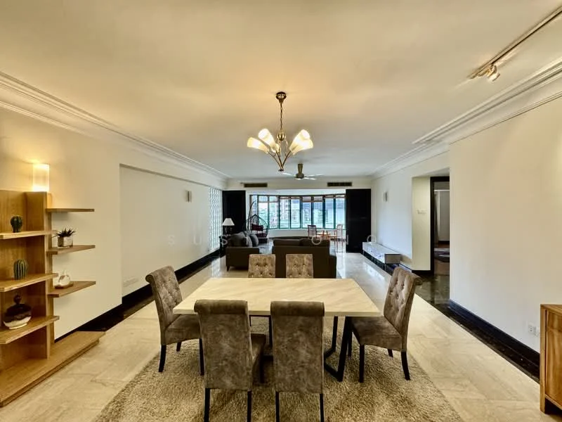 Dining features: 6-seater dining table, upholstered dining chairs, chandelier, cream painted walls, marble flooring, large windows, decorative wall shelving, area rug with neutral color; style: modern. Living features: open layout, cream painted walls, marble flooring, large windows, decorative wall shelving, recessed lighting; style: modern.