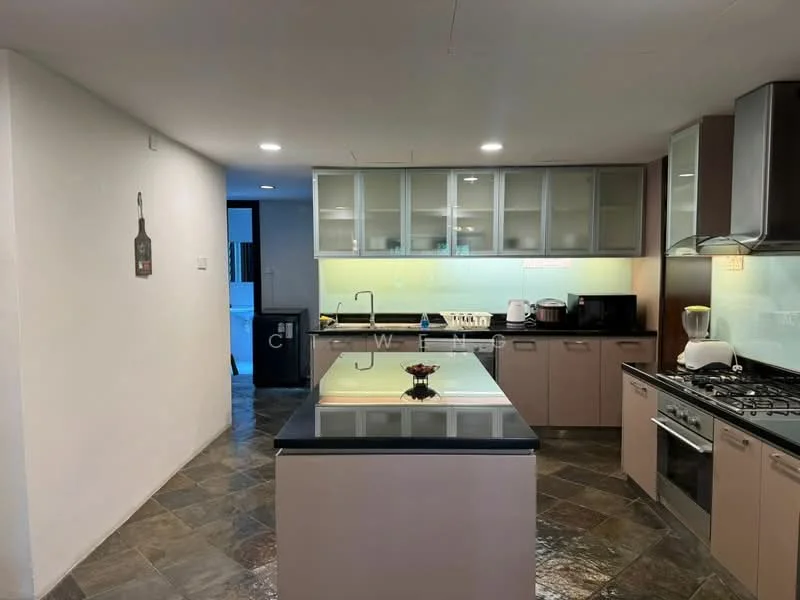 Kitchen features: black granite countertop, stainless-steel gas hob, built-in oven, stainless-steel range hood, blender, microwave, cream cabinetry with glass-front upper cabinets, tile flooring, recessed LED downlights, open shelving, kitchen island, sink, wall-mounted cabinets; style: modern.
