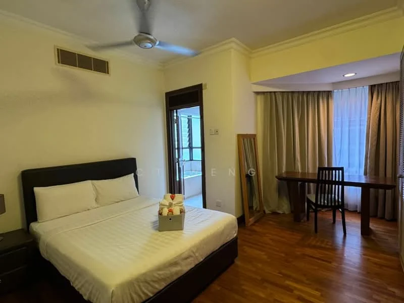 Bedroom features: queen-size bed with white bedding, wooden headboard, 2 bedside tables, table lamp on bedside table, wooden flooring, ceiling fan, large window with sheer curtains, study desk with chair, wall-mounted mirror, built-in wardrobe, decorative wall art; style: modern.