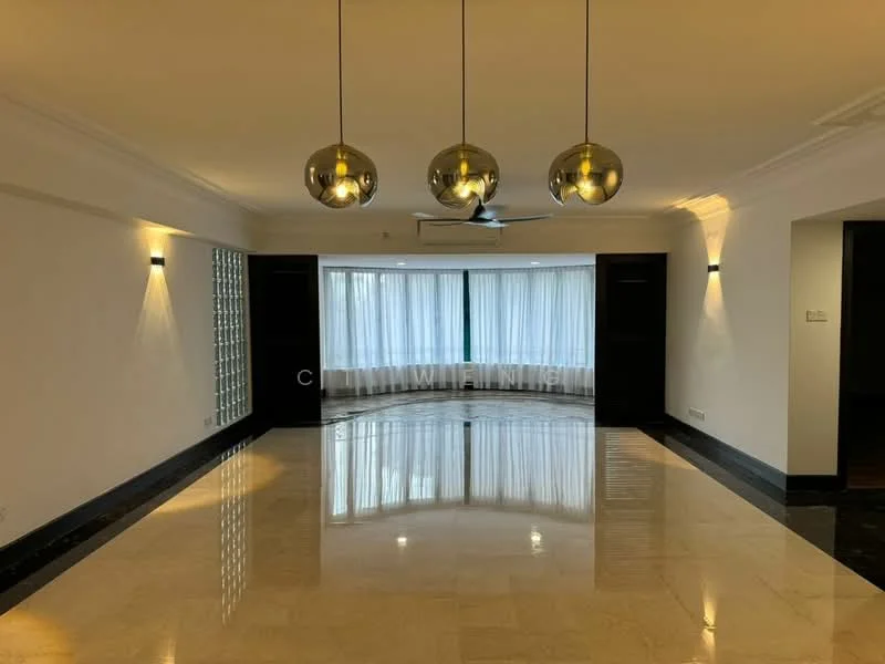 Living features: marble flooring, white painted walls, recessed downlights, 3 pendant lights, ceiling fan, floor-to-ceiling windows with sheer curtains, black accent wall, glass block feature wall; style: modern.