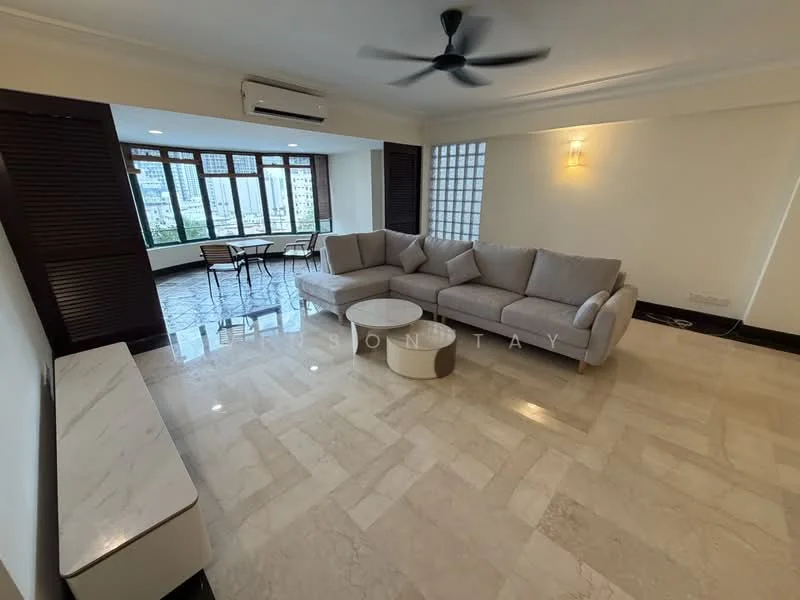 Living features: L-shape sectional sofa in light grey fabric, round coffee table, marble flooring, 5-blade ceiling fan, floor-to-ceiling windows, window treatments with wooden slats, wall-mounted air conditioning unit, decorative wall sconce, light switch, open layout to dining area; style: modern; view: city.