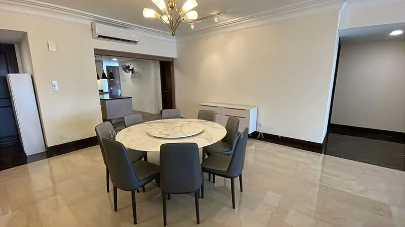 Dining features: round marble dining table, 8 upholstered dining chairs in grey, chandelier with multiple bulbs, cream painted walls, marble flooring, wall-mounted air conditioning unit, built-in sideboard, open layout to kitchen, recessed ceiling lights; style: modern. Room features: cream painted walls, marble flooring.