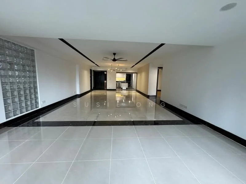 Room features: white painted walls, black accent wall, large glass block window, polished tile flooring, recessed downlights, 5-blade ceiling fan, open layout, high ceiling; style: modern.