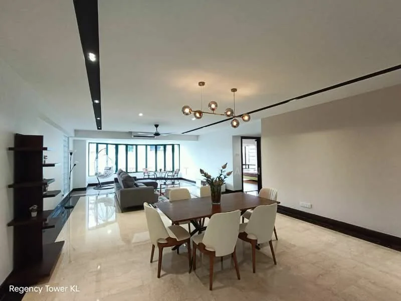 Living features: marble tile flooring, white painted walls, recessed downlights, 5-blade ceiling fan with light, chandelier, floor-to-ceiling windows, sliding glass door, dining table with 6 white chairs, grey fabric sofa, decorative wall shelf, area rug, plant in ceramic pot; style: modern; view: city.