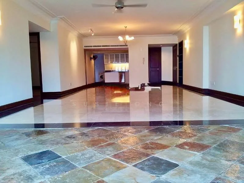 Living features: marble flooring, tray ceiling, chandelier, 5-blade ceiling fan, white painted walls, sliding glass door, recessed downlights, decorative wall sconces; style: modern. Kitchen features: open kitchen layout, white cabinetry, stainless-steel appliances, granite countertop, backsplash with tile cladding; style: modern.