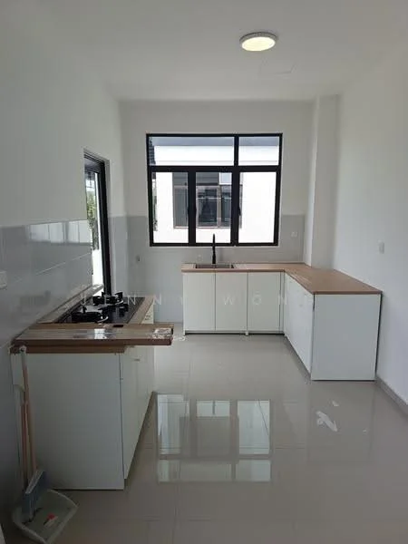 Kitchen features: white cabinetry, wood countertop, stainless-steel gas hob, double-bowl stainless-steel sink, chrome pull-down faucet, white tiled backsplash, large window for natural light, glossy ceramic tile flooring, recessed ceiling lights; style: modern.
