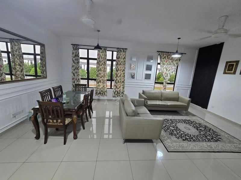Living features: cream painted walls, white ceiling, 5-blade ceiling fan with light, floor-to-ceiling windows, sheer curtains, light grey sofa, 3-seater sofa, area rug with geometric pattern, coffee table, dining table with 4 chairs, decorative wall art, wall-mounted artwork, tile flooring; style: modern; view: garden.