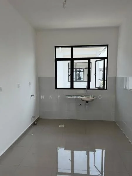 Laundry features: white painted walls, grey tiled flooring, single-bowl sink, large window for natural light, wall-mounted faucet, light fixture on ceiling; style: modern.