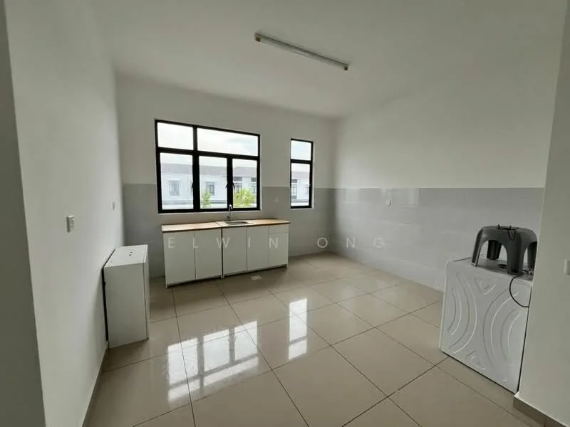 Kitchen features: white painted walls, grey tiled backsplash, cream tiled flooring, kitchen cabinets with countertop, single-bowl stainless-steel sink, built-in countertop, large windows providing natural light, washing machine; style: modern.