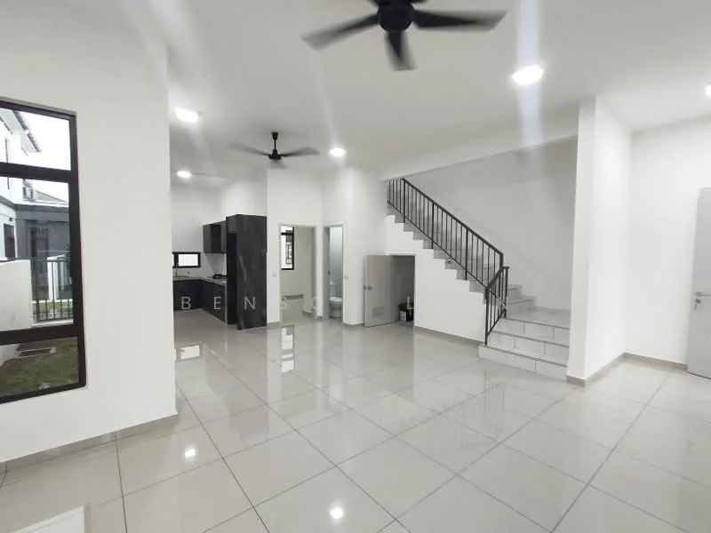 Living features: white painted walls, glossy ceramic tile flooring, 5-blade ceiling fan with light, large windows, open layout, staircase with metal railing, recessed lighting, neutral color scheme; style: modern; view: garden. Kitchen features: black cabinetry, stainless-steel appliances, countertop with backsplash, open layout to living area; style: modern.