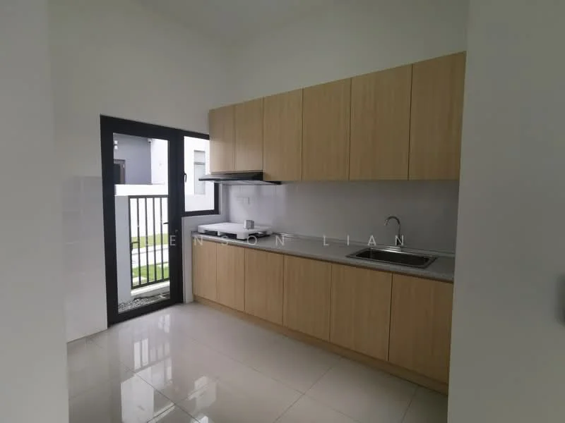 Kitchen features: light wood cabinetry, granite countertop, single-bowl stainless-steel sink, chrome pull-down faucet, built-in range hood, white tiled backsplash, ceramic tile flooring, floor-to-ceiling window, sliding glass door, view of outdoor area; style: modern; view: garden.