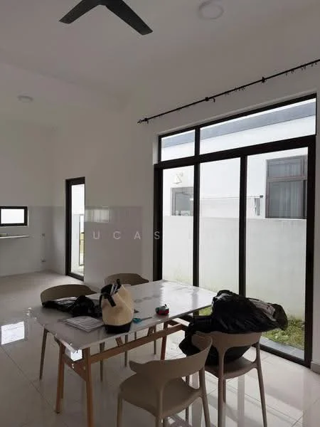 Dining features: dining table with wooden legs, 4 dining chairs, floor-to-ceiling windows, white painted walls, polished ceramic tile flooring, ceiling fan, natural light, minimalist decor; style: modern; view: garden. Room features: white painted walls, polished ceramic tile flooring, large windows, high ceiling.