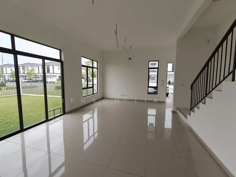 Living features: large floor-to-ceiling windows, white painted walls, polished ceramic tile flooring, open layout, staircase with metal railing, natural light from multiple windows, minimalist design, no visible furniture; style: modern; view: garden.