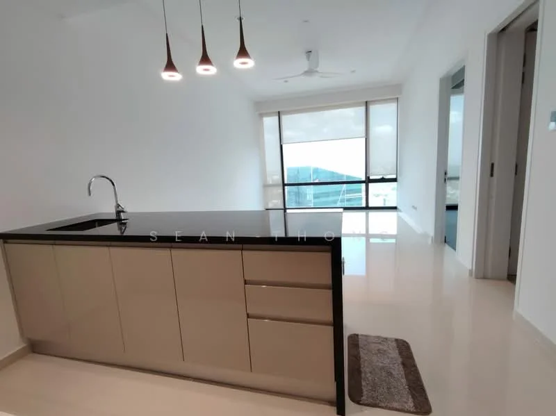 Kitchen features: black granite countertop, single-bowl stainless-steel sink, chrome pull-down faucet, beige cabinetry with flat-panel doors, 3 pendant lights above the countertop, open layout, polished ceramic tile flooring, floor-to-ceiling windows, city view, ceiling fan; style: modern; view: city.